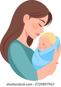 Young mother affectionately holding her sleeping newborn baby wrapped in a blue swaddle. Flat vector illustration representing maternal love and care.