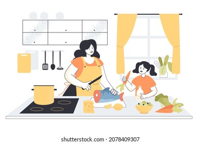 Young mother in apron and daughter baking fish with vegetables in kitchen. Cartoon mom and kid girl making healthy food at home together flat vector illustration. Family time, household concept