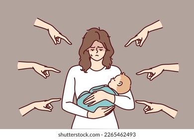 Young mother with baby in arms is ashamed because of condemnation of surrounding people pointing fingers. Woman who becomes mother feels postpartum depression and needs psychological support