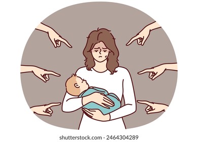 Young mother with baby in arms is ashamed because of condemnation of surrounding people pointing fingers. Woman who becomes mother feels postpartum depression and needs psychological support