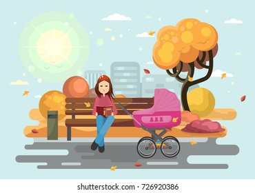 Young mother with baby carriage in the autumn city park. Mom or babysitter with pink pram reading book on bench. Flat vector illustration.