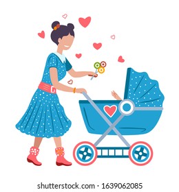 Young mother with baby carriage. Mother entertains his little sun in pram shows children's toy. Mom, motherhood,mother's love. Loving mother smiles over the stroller in which his newborn sun, boy. 