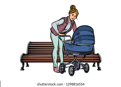 young mother with a baby carriage, park bench. Pop art retro vector illustration kitsch vintage
