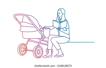 Young mother with baby carriage reading book on bench. Rainbow gradient. Sketch vector illustration.