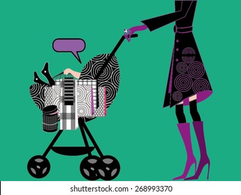 Young mother with baby cart shopping vector