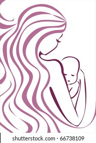 young mother and baby concept sketch in lilac outlines