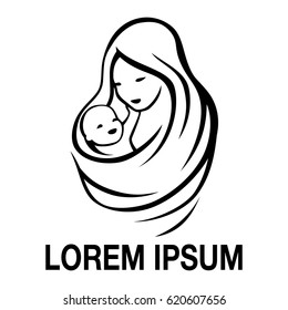 A young mother with a baby in hands, logo, isolated, vector