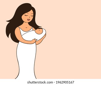 Young mother with a baby in her arms. The woman has a happy smile on her face. Place for text. Vector cartoon illustration. Place for text