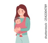 Young mother with baby. Mom carrying baby in sling vector illustration.