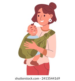 Young mother with baby. Mom carrying baby in sling, cute toddler in mother hands flat vector illustration. Woman with baby in sling