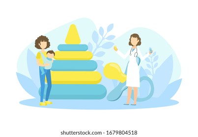 Young Mother with Baby on Sling Visiting Doctor, Medical Check Up Vector Illustration