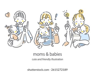 A young mother and baby pointing at something - Stylish and cute hand-drawn style line drawing illustration