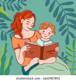 Young mother with baby reading book in the garden. Family, early development, activity, learning. Nature landscape background. Summer holidays illustration. Vacation time