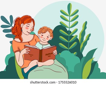 Young mother with baby reading book in the garden. Family, early development, activity, learning. Nature landscape background. Summer holidays illustration. Vacation time