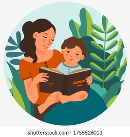 Young mother with baby reading book in the garden. Family, early development, activity, learning. Nature landscape background. Summer holidays illustration. Vacation time