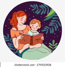 Young mother with baby reading book in the garden. Family, early development, activity, learning. Nature landscape background. Summer holidays illustration. Vacation time