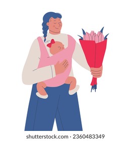 Young mother with a baby in a sling. Cute woman with a bouquet of flowers in her hands. Vector isolated illustration for design.