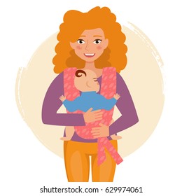Young mother with baby in sling. Isolated art on white background. Vector. Cartoon. Flat.