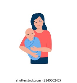Young mother and baby son. Woman holds newborn child in his arms. Family love, communication. Mothers day. Vector illustration
