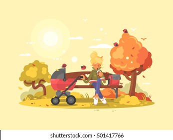 Young mother with baby in stroller