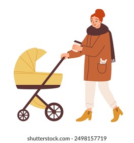 Young mother with a baby stroller on a walk isolated on a white background. Motherhood. Mom with a baby pram. Flat vector illustration.