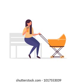 Young mother with baby stroller sitting on a bench. Mom or babysitter character with a pram.  Motherhood concept vector illustration in modern simple and clear flat style.