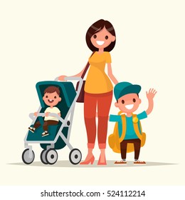 Young mother with a baby in a stroller and a son schoolboy. Vector illustration in a flat style