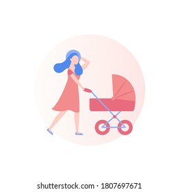 A young mother with a baby in a stroller is walking down the street. Texture background, flat vector illustration. Mother's Day