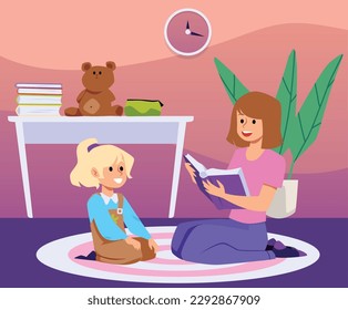 Young mother or babysitter reading fairy tale book to little girl, flat vector illustration. Nanny taking care of child. Toddlers education concept. Babysitter service.