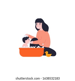 Young mother bathes play her little baby. Mom taking care of little kid. Flat vector cartoon illustration.