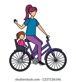 young mother in bicycle with daughter