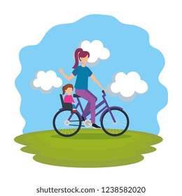 young mother in bicycle with daughter