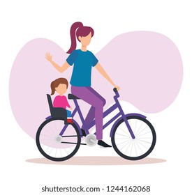young mother in bicycle with daughter