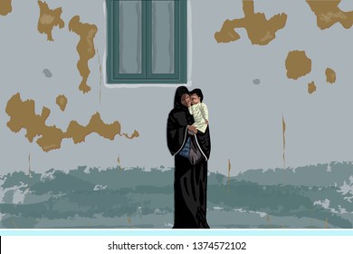 Young Mother In Black Abaya And Hijab Stands Near An Old, Dirty, Shabby Wall, Holding Little Baby. Poor Refugee Woman With Infant Under Window - Vector.