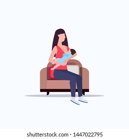 young mother breastfeeding her newborn baby woman sitting on armchair with little child motherhood nutrition lactation concept flat full length