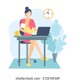 Young mother breastfeeds her baby while  working with laptop. Female freelancer working or studying on laptop at home. Freelance lifestyle. Concept with woman on coronavirus quarantine.