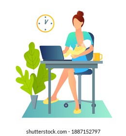 Young mother breastfeeds her baby while  working with laptop. Female freelancer working or studying on laptop at home. Freelance lifestyle. Concept with woman on coronavirus quarantine.