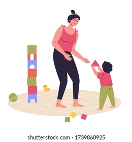 Young mother builds a tower of cubes with his child.Block game for children.Mother and baby spend time together.Hand drawn style.Character design.Colorful vector illustration in flat cartoon style.