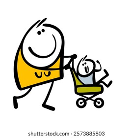 Young mother carries a happy little baby in a stroller. Vector illustration of a family with children. Walking on the street or in nature. Doodle character isolated on white background.