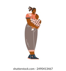 Young mother carrying baby in sling. Cartoon African woman parent walking with infant, toddler in baby carrier wrap. Vector flat illustration isolated on white. Happy healthy motherhood