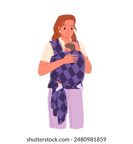 Young mother carrying baby wrapped in checkered sling blanket. Front portrait of happy mom and toddler, woman hugging kid in purple wrap carrier with love and care cartoon vector illustration