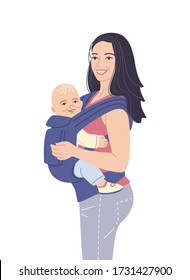 Young mother carrying her little child. Smiling woman and baby isolated on white background. Happy healthy motherhood concept. Simple flat vector illustration. 