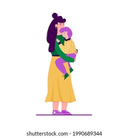 Young mother cartoon characters lifting and hugging her baby with care and love, vector illustration isolated on white background. Happy mom and her child relations.