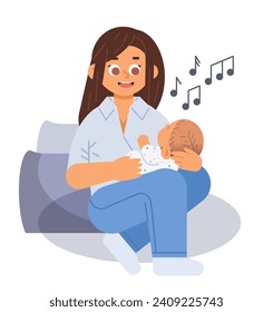 Young mother in casual clothes holds a baby and sings to him. Flat vector illustration on isolated background