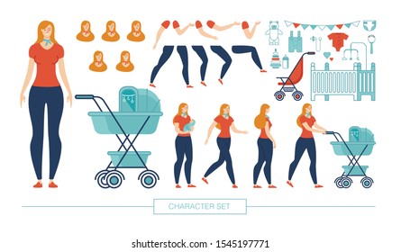 Young Mother Character Constructor Trendy Flat Design Elements Set Isolated on White. Woman with Child in Various Poses, Body Parts Pack, Emotion Face Expressions, Child Accessories Illustrations