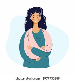 Young mother and child in sling. Woman holds baby in her arms. Vector character in cartoon style.