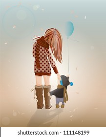 Young Mother with a Child Walking. Vector illustration of walking with a child young woman.