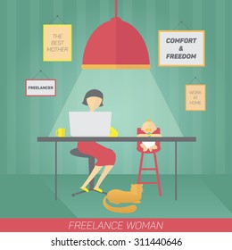 Young mother with child working at home. Freelance concept.