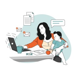 Young Mother With Child Working On The Laptop From Home. Female Freelance Worker With Child At Workplace. Online Job, Motherhood Concept. Hand Drawn Style, Vector Illustration.