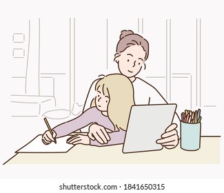 Young mother with child working on the computer from home.
Hand drawn style vector design illustrations.